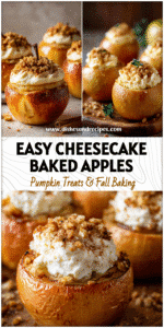 Golden baked apples filled with creamy cheesecake filling sprinkled with cinnamon and crumbs.